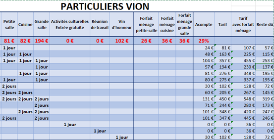 2026 tarifs salle