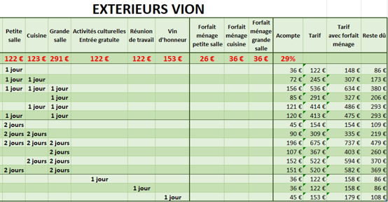 2026 tarifs salle extérieurs